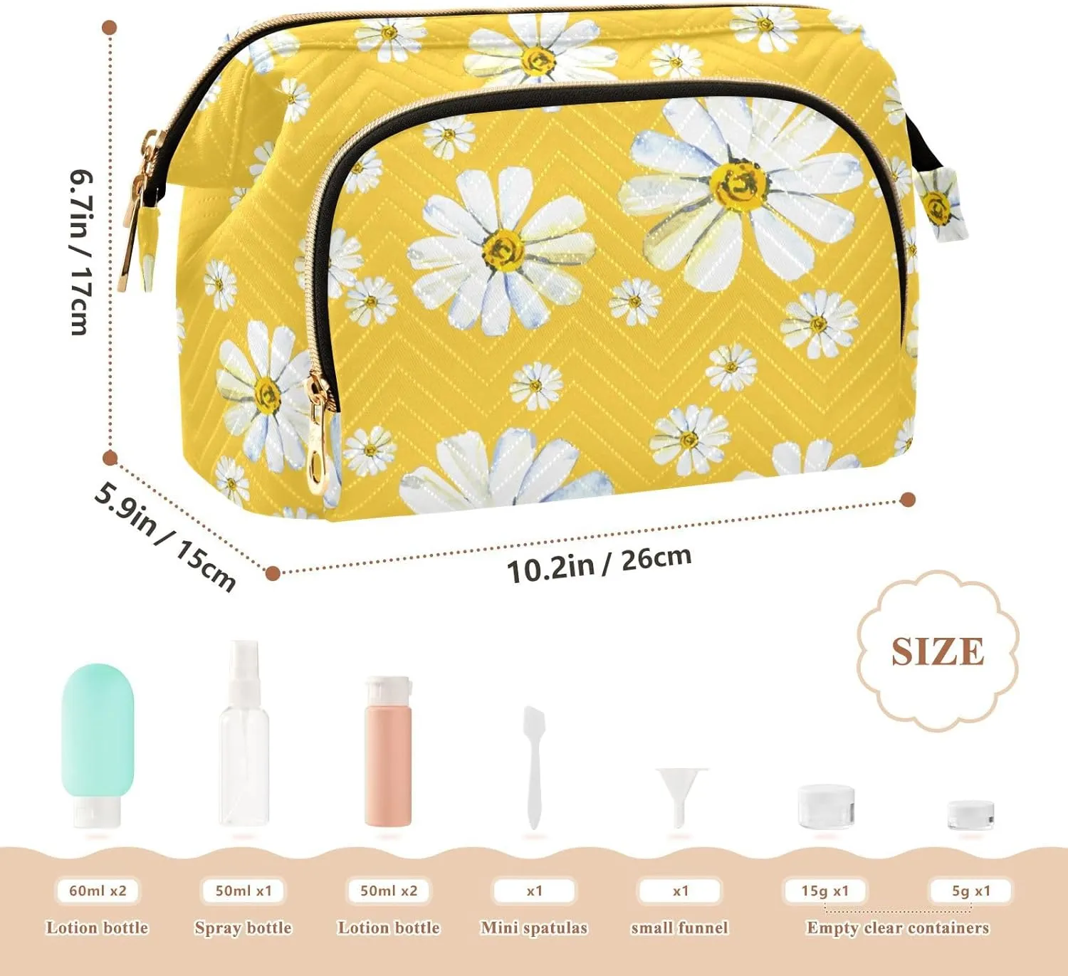 Women Wave Quilt Cosmetic Bag, Storage Pouch Handbag Makeup Case Zipper Toiletry Purse Holder Organizer 10.2x5.9x6.7 in Big and Small White Chamomile Flowers Seamless on Yellow