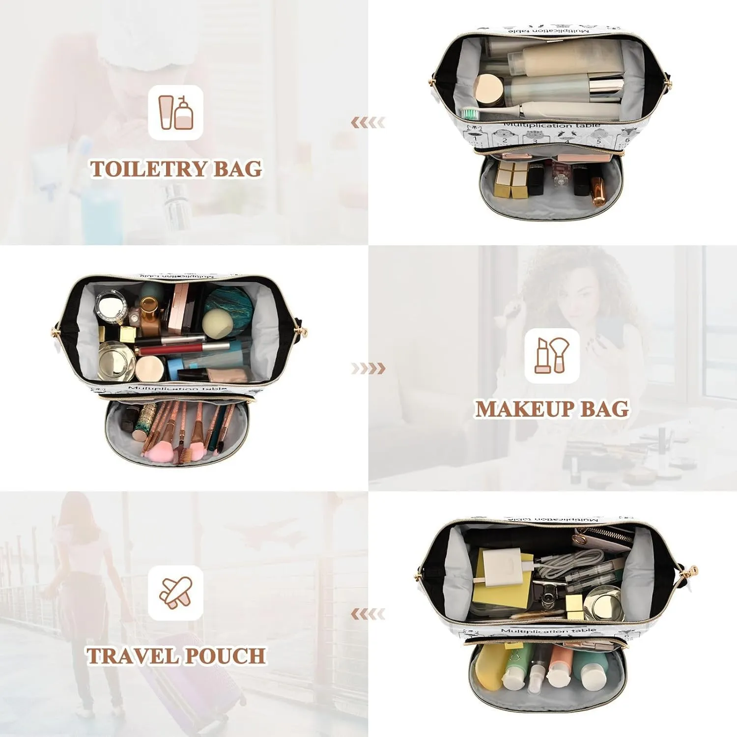 Women Wave Quilt Cosmetic Bag, Storage Pouch Handbag Makeup Case Zipper Toiletry Purse Holder Organizer 10.2x5.9x6.7 in Black Calendar Template Mock up Week starts on Monday on White
