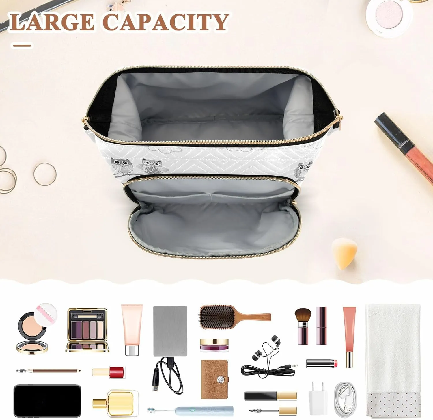 Women Wave Quilt Cosmetic Bag, Storage Pouch Handbag Makeup Case Zipper Toiletry Purse Holder Organizer 10.2x5.9x6.7 in Black White Owls on a Branch Cloud over Fence with Flowers