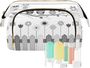 Women Wave Quilt Cosmetic Bag, Storage Pouch Handbag Makeup Case Zipper Toiletry Purse Holder Organizer 10.2x5.9x6.7 in Black White Owls on a Branch Cloud over Fence with Flowers