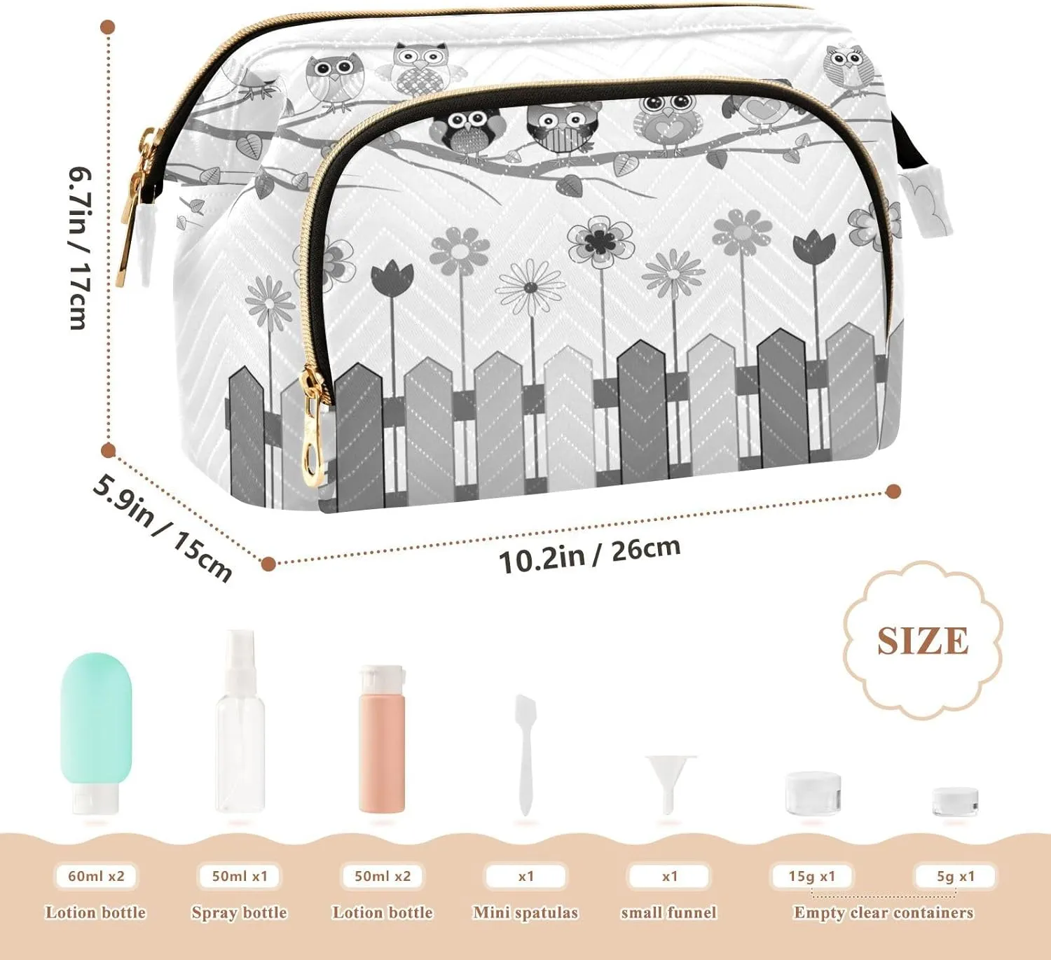 Women Wave Quilt Cosmetic Bag, Storage Pouch Handbag Makeup Case Zipper Toiletry Purse Holder Organizer 10.2x5.9x6.7 in Black White Owls on a Branch Cloud over Fence with Flowers