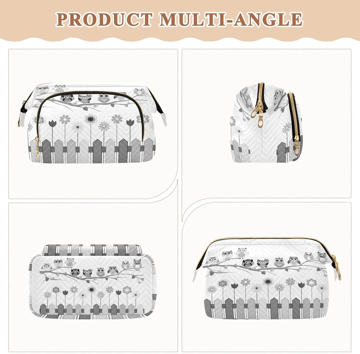 Women Wave Quilt Cosmetic Bag, Storage Pouch Handbag Makeup Case Zipper Toiletry Purse Holder Organizer 10.2x5.9x6.7 in Black White Owls on a Branch Cloud over Fence with Flowers