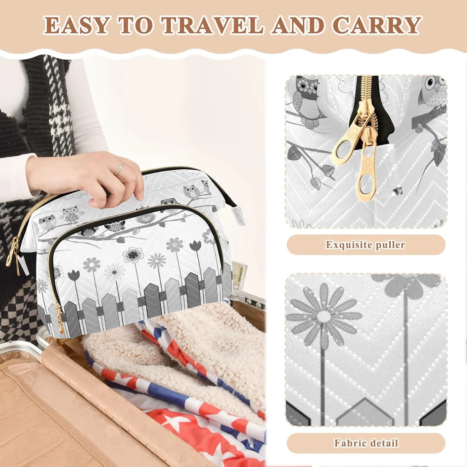 Women Wave Quilt Cosmetic Bag, Storage Pouch Handbag Makeup Case Zipper Toiletry Purse Holder Organizer 10.2x5.9x6.7 in Black White Owls on a Branch Cloud over Fence with Flowers