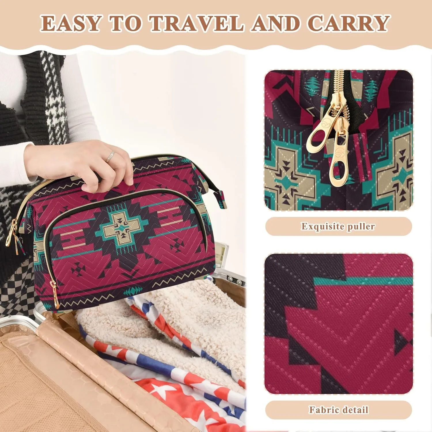 Women Wave Quilt Cosmetic Bag, Storage Pouch Handbag Makeup Case Zipper Toiletry Purse Holder Organizer 10.2x5.9x6.7 in Ethnic Native Southwest American, Tribal Aztec Textiles
