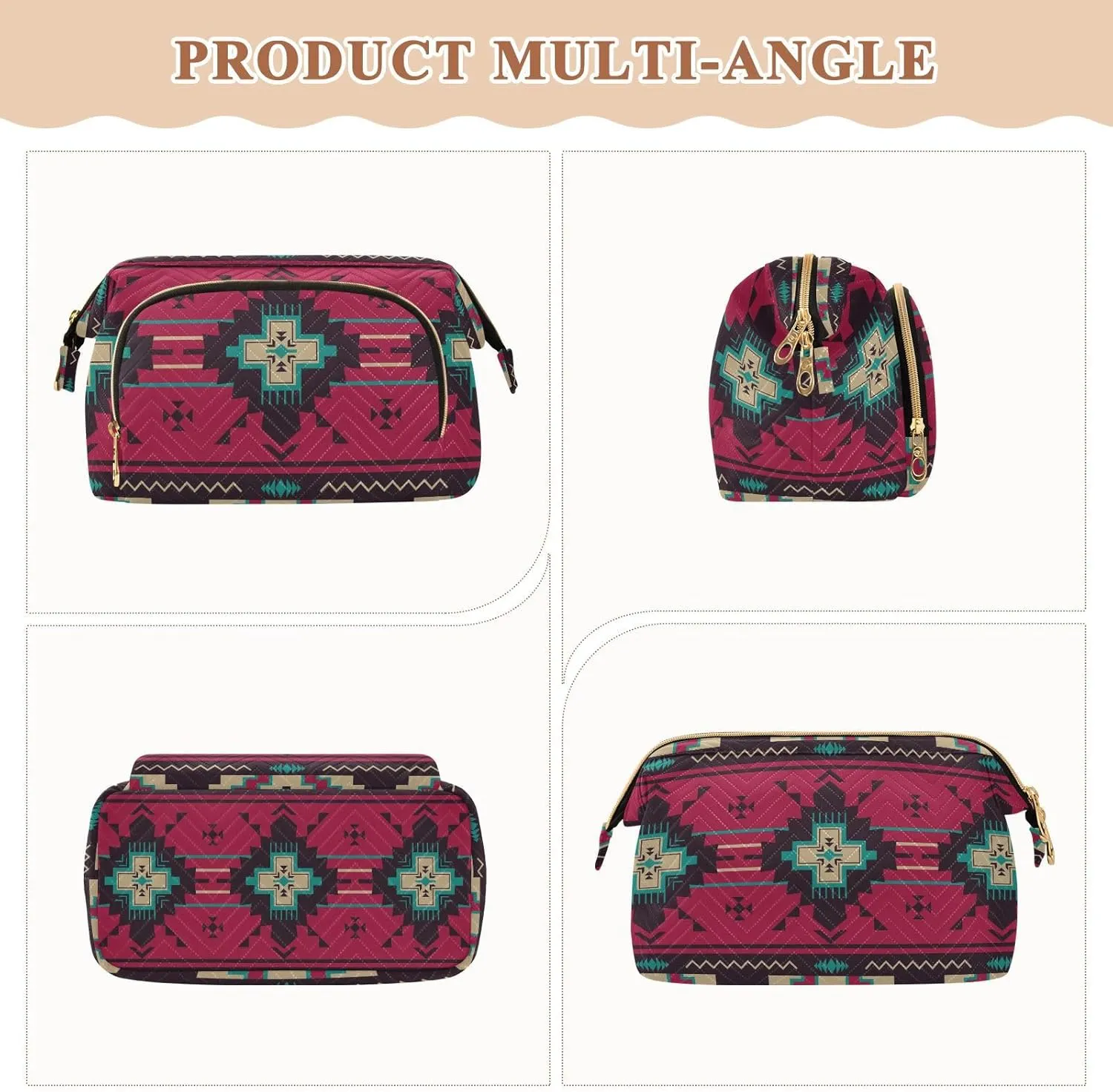 Women Wave Quilt Cosmetic Bag, Storage Pouch Handbag Makeup Case Zipper Toiletry Purse Holder Organizer 10.2x5.9x6.7 in Ethnic Native Southwest American, Tribal Aztec Textiles