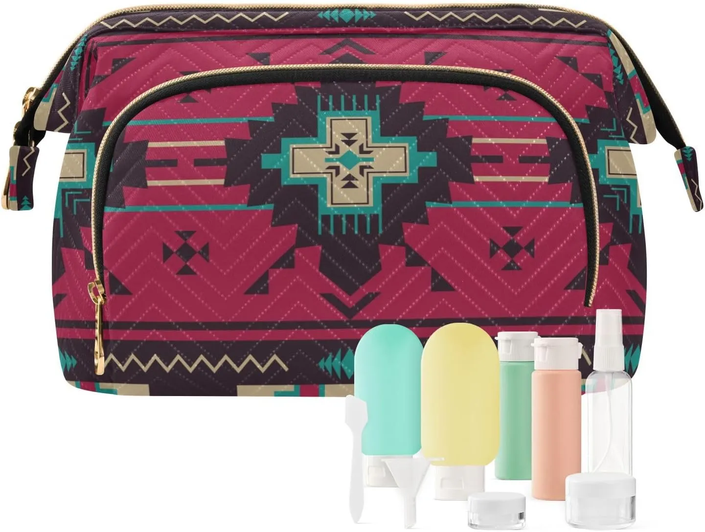 Women Wave Quilt Cosmetic Bag, Storage Pouch Handbag Makeup Case Zipper Toiletry Purse Holder Organizer 10.2x5.9x6.7 in Ethnic Native Southwest American, Tribal Aztec Textiles
