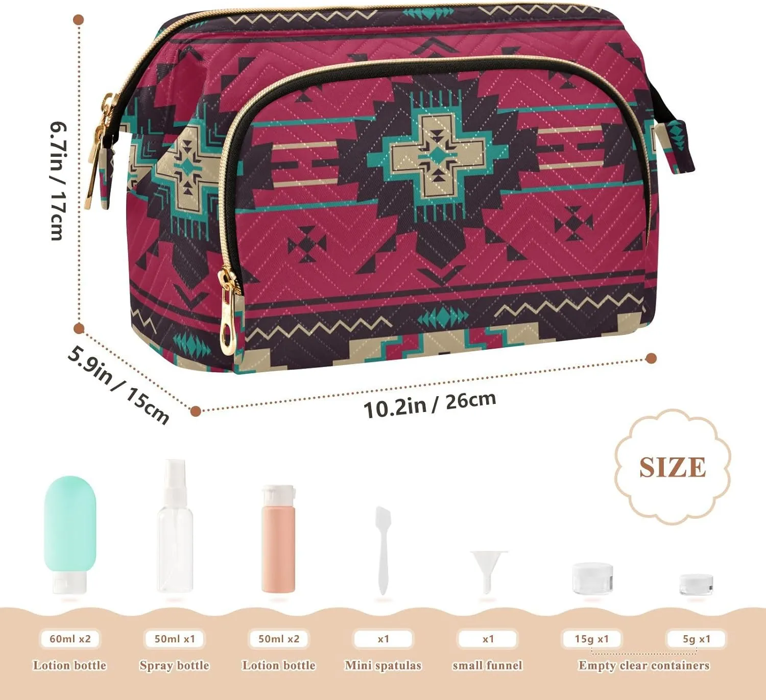 Women Wave Quilt Cosmetic Bag, Storage Pouch Handbag Makeup Case Zipper Toiletry Purse Holder Organizer 10.2x5.9x6.7 in Ethnic Native Southwest American, Tribal Aztec Textiles