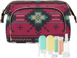 Women Wave Quilt Cosmetic Bag, Storage Pouch Handbag Makeup Case Zipper Toiletry Purse Holder Organizer 10.2x5.9x6.7 in Ethnic Native Southwest American, Tribal Aztec Textiles