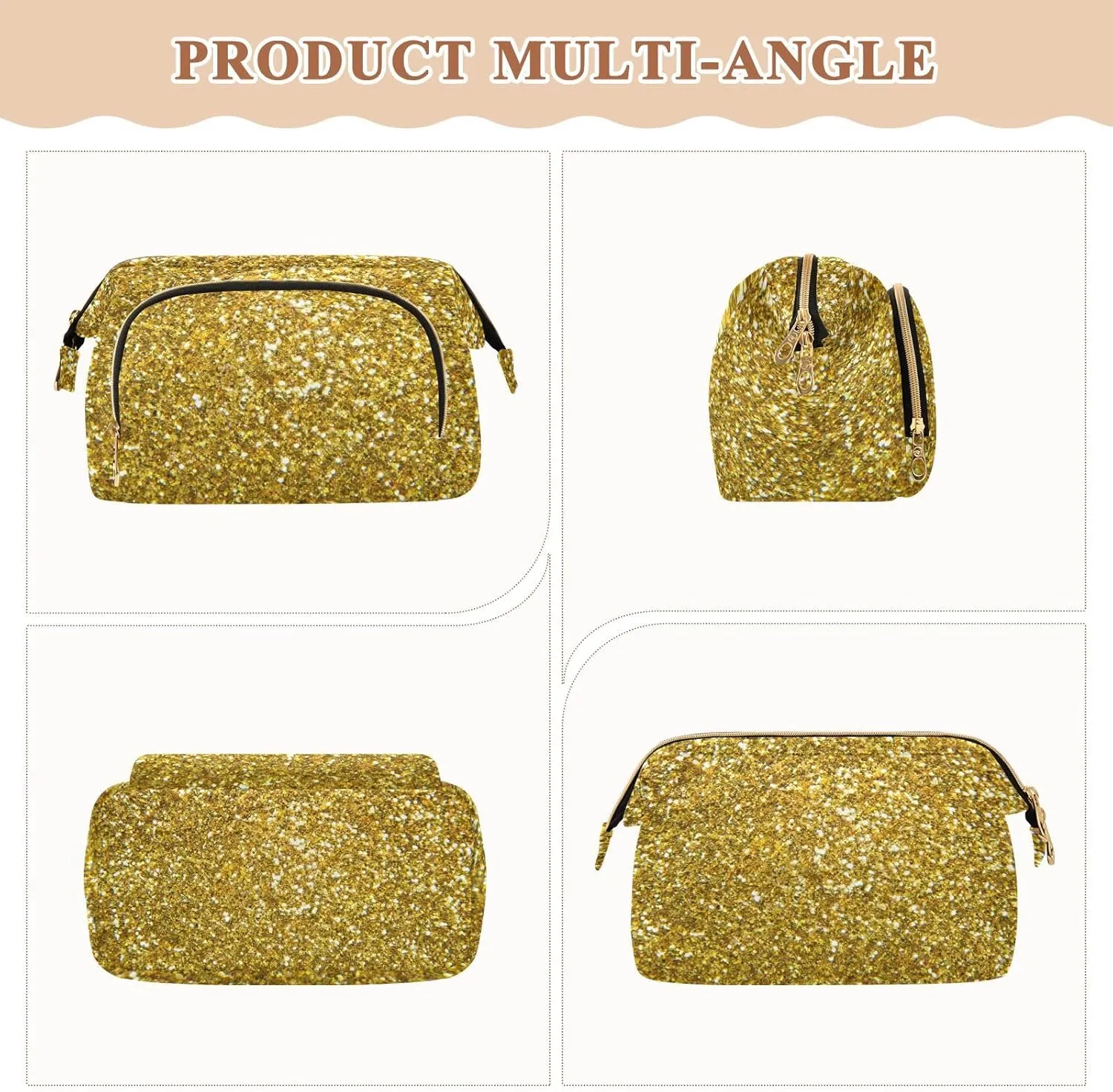 Women Wave Quilt Cosmetic Bag, Storage Pouch Handbag Makeup Case Zipper Toiletry Purse Holder Organizer 10.2x5.9x6.7 in Golden Shiny Gold Glittering Background Yellow Holiday Tinsel