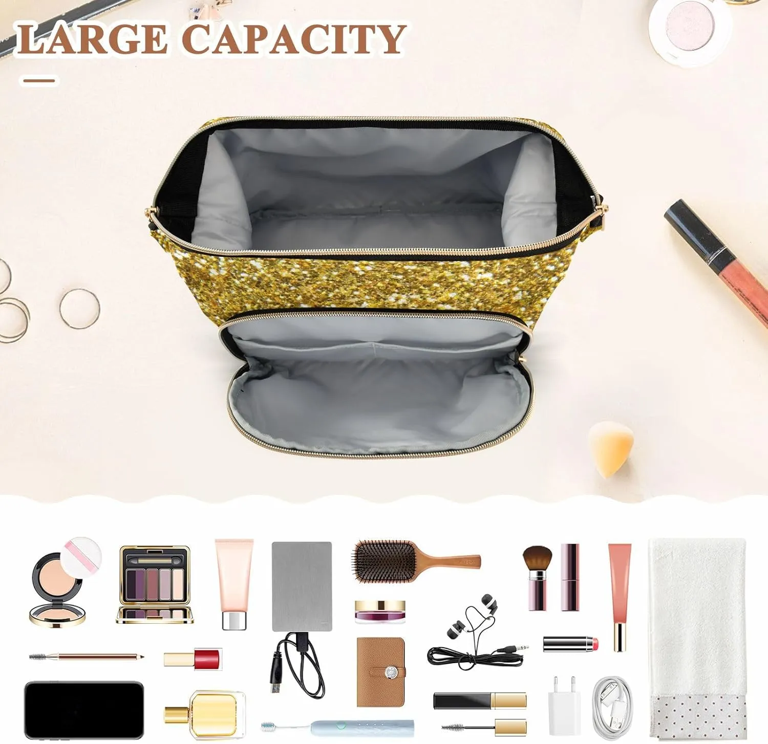 Women Wave Quilt Cosmetic Bag, Storage Pouch Handbag Makeup Case Zipper Toiletry Purse Holder Organizer 10.2x5.9x6.7 in Golden Shiny Gold Glittering Background Yellow Holiday Tinsel