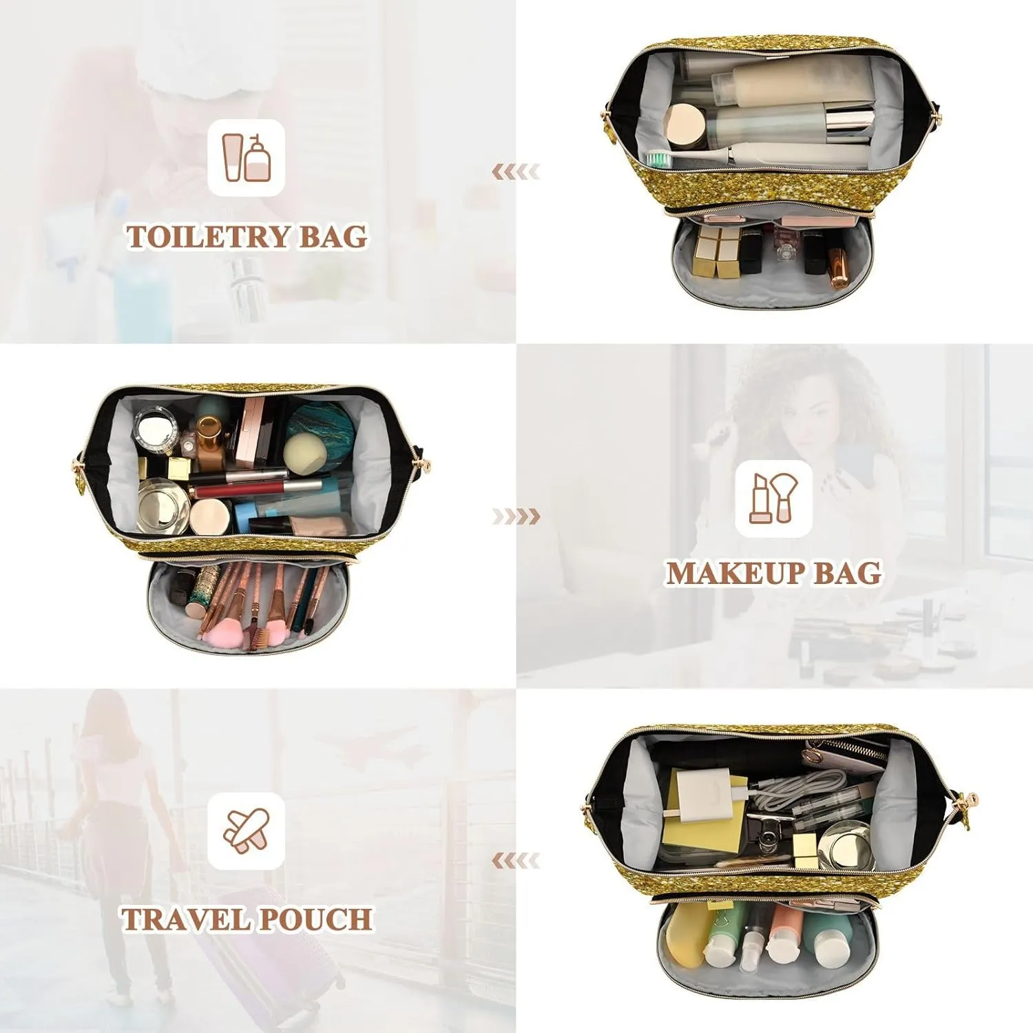 Women Wave Quilt Cosmetic Bag, Storage Pouch Handbag Makeup Case Zipper Toiletry Purse Holder Organizer 10.2x5.9x6.7 in Golden Shiny Gold Glittering Background Yellow Holiday Tinsel