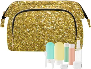 Women Wave Quilt Cosmetic Bag, Storage Pouch Handbag Makeup Case Zipper Toiletry Purse Holder Organizer 10.2x5.9x6.7 in Golden Shiny Gold Glittering Background Yellow Holiday Tinsel