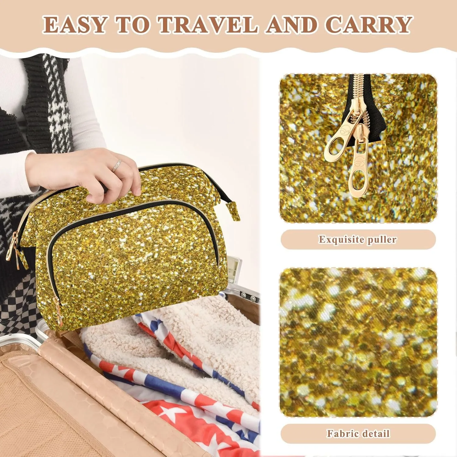 Women Wave Quilt Cosmetic Bag, Storage Pouch Handbag Makeup Case Zipper Toiletry Purse Holder Organizer 10.2x5.9x6.7 in Golden Shiny Gold Glittering Background Yellow Holiday Tinsel