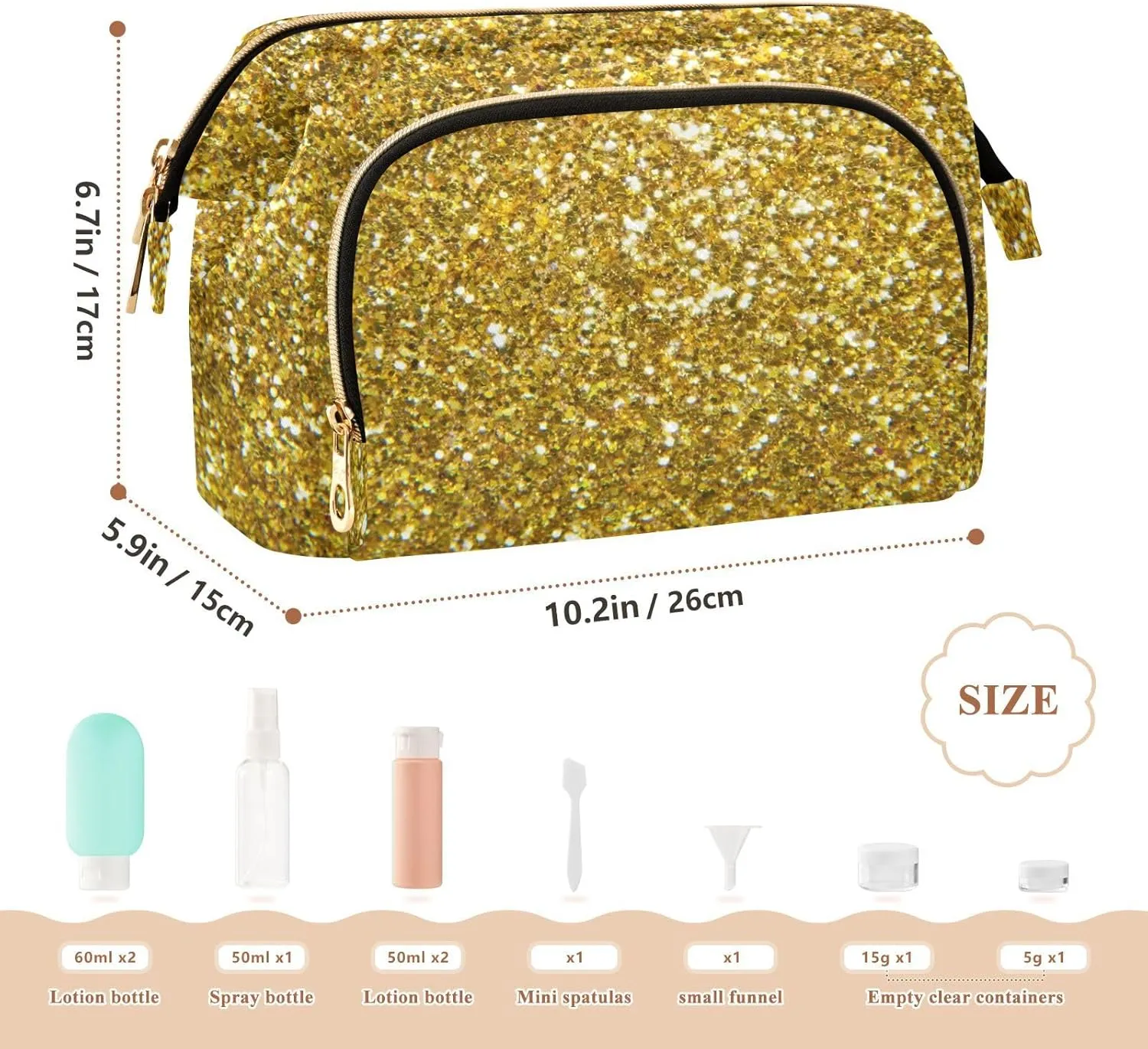 Women Wave Quilt Cosmetic Bag, Storage Pouch Handbag Makeup Case Zipper Toiletry Purse Holder Organizer 10.2x5.9x6.7 in Golden Shiny Gold Glittering Background Yellow Holiday Tinsel