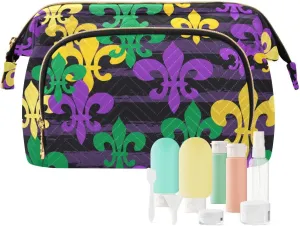 Women Wave Quilt Cosmetic Bag, Storage Pouch Handbag Makeup Case Zipper Toiletry Purse Holder Organizer 10.2x5.9x6.7 in Mardi Gras Carnival Masquerade Purple Yellow Green Fleur De Lis