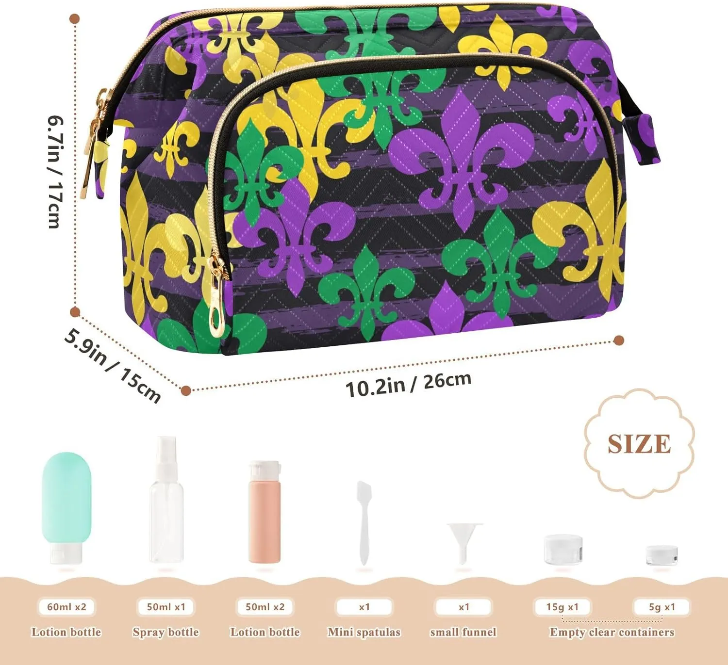Women Wave Quilt Cosmetic Bag, Storage Pouch Handbag Makeup Case Zipper Toiletry Purse Holder Organizer 10.2x5.9x6.7 in Mardi Gras Carnival Masquerade Purple Yellow Green Fleur De Lis