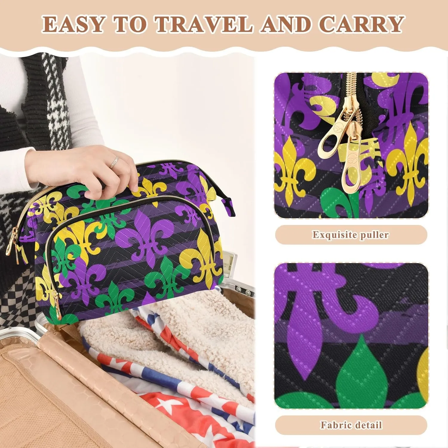 Women Wave Quilt Cosmetic Bag, Storage Pouch Handbag Makeup Case Zipper Toiletry Purse Holder Organizer 10.2x5.9x6.7 in Mardi Gras Carnival Masquerade Purple Yellow Green Fleur De Lis