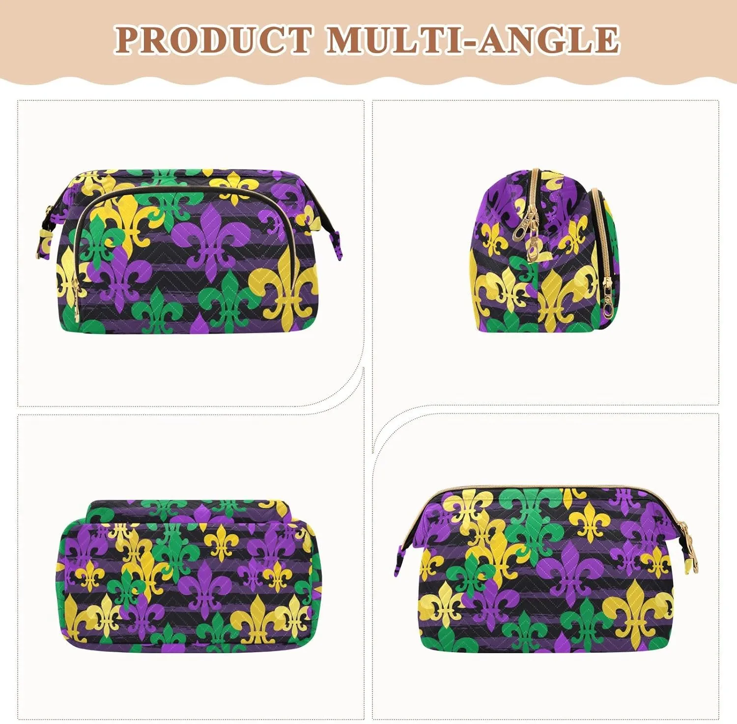 Women Wave Quilt Cosmetic Bag, Storage Pouch Handbag Makeup Case Zipper Toiletry Purse Holder Organizer 10.2x5.9x6.7 in Mardi Gras Carnival Masquerade Purple Yellow Green Fleur De Lis