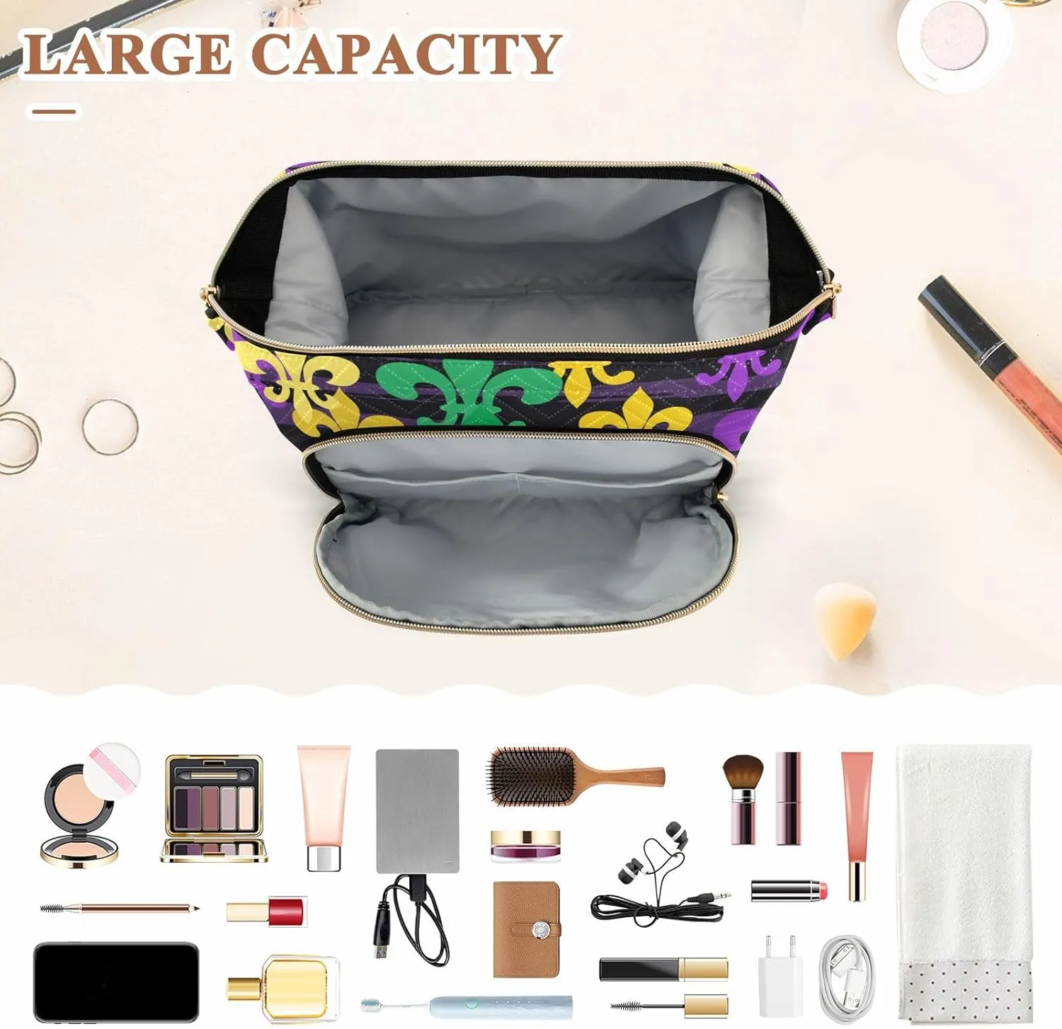 Women Wave Quilt Cosmetic Bag, Storage Pouch Handbag Makeup Case Zipper Toiletry Purse Holder Organizer 10.2x5.9x6.7 in Mardi Gras Carnival Masquerade Purple Yellow Green Fleur De Lis