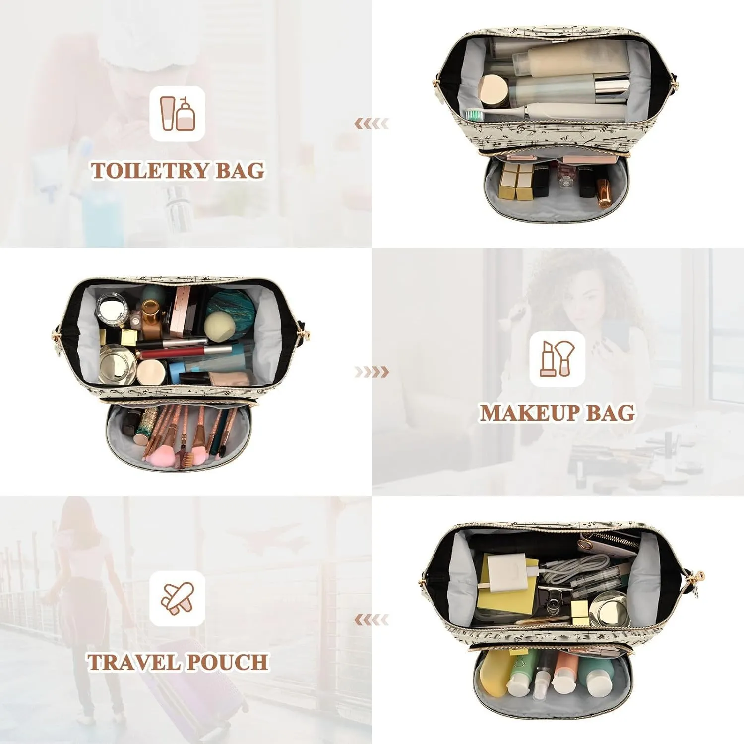 Women Wave Quilt Cosmetic Bag, Storage Pouch Handbag Makeup Case Zipper Toiletry Purse Holder Organizer 10.2x5.9x6.7 in Retro Music Notes Black Ink Hand Drawn icons Artistic Style