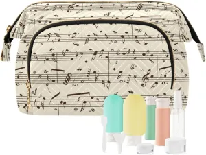 Women Wave Quilt Cosmetic Bag, Storage Pouch Handbag Makeup Case Zipper Toiletry Purse Holder Organizer 10.2x5.9x6.7 in Retro Music Notes Black Ink Hand Drawn icons Artistic Style