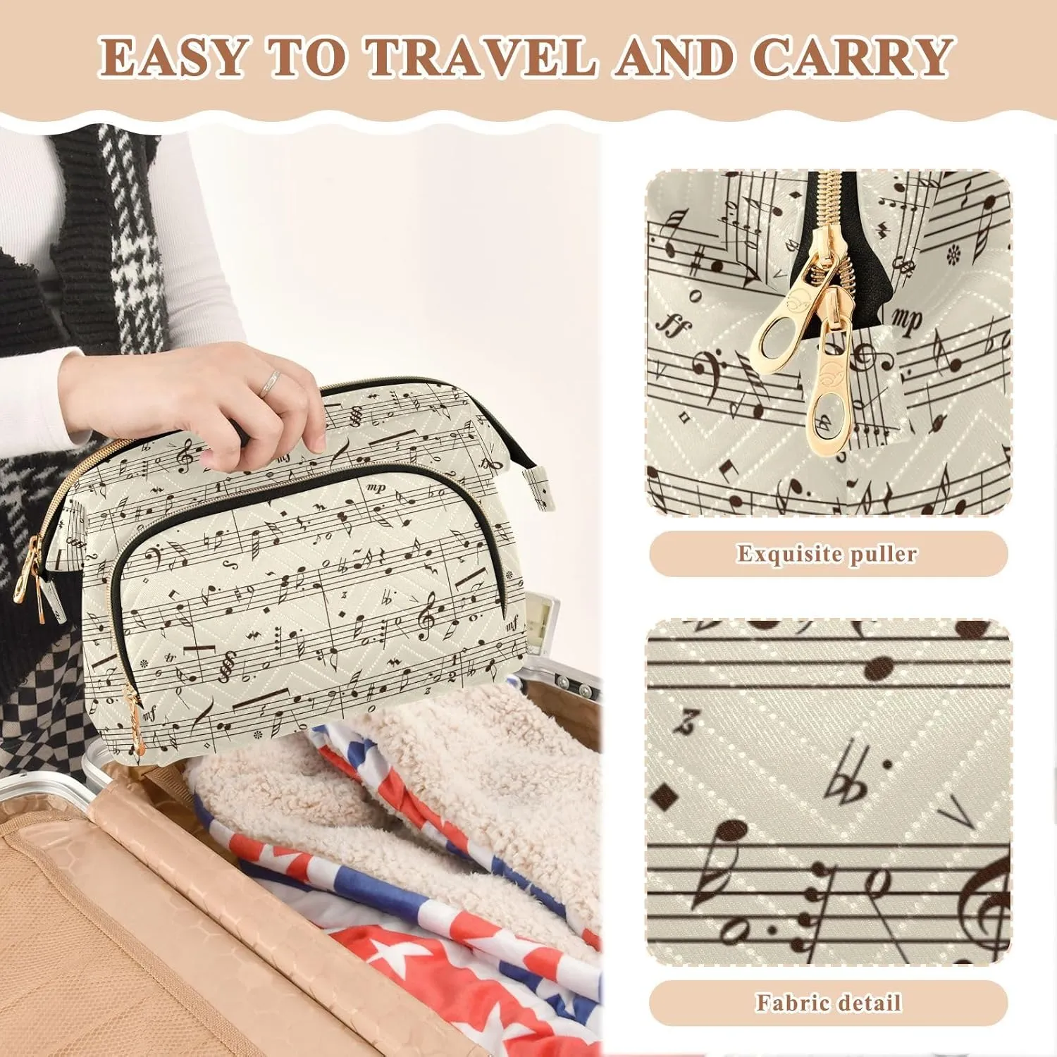 Women Wave Quilt Cosmetic Bag, Storage Pouch Handbag Makeup Case Zipper Toiletry Purse Holder Organizer 10.2x5.9x6.7 in Retro Music Notes Black Ink Hand Drawn icons Artistic Style