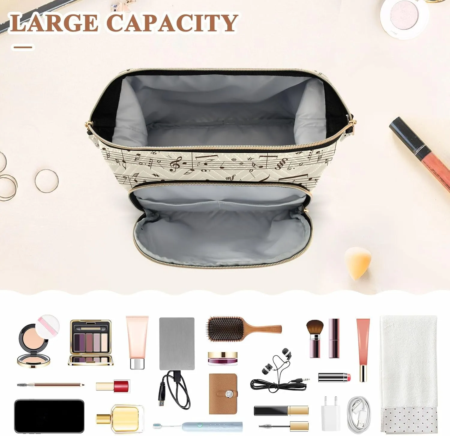 Women Wave Quilt Cosmetic Bag, Storage Pouch Handbag Makeup Case Zipper Toiletry Purse Holder Organizer 10.2x5.9x6.7 in Retro Music Notes Black Ink Hand Drawn icons Artistic Style