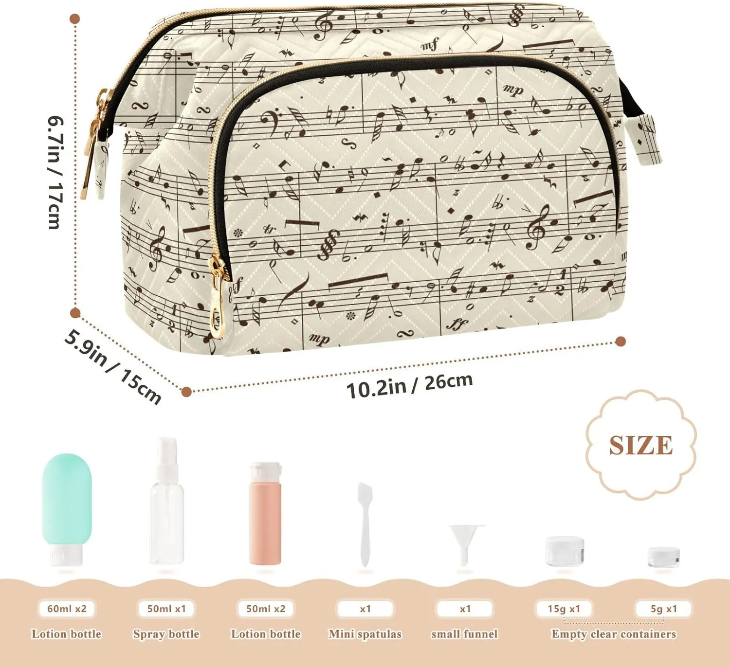 Women Wave Quilt Cosmetic Bag, Storage Pouch Handbag Makeup Case Zipper Toiletry Purse Holder Organizer 10.2x5.9x6.7 in Retro Music Notes Black Ink Hand Drawn icons Artistic Style