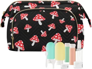 Women Wave Quilt Cosmetic Bag, Storage Pouch Handbag Makeup Case Zipper Toiletry Purse Holder Organizer 10.2x5.9x6.7 in Seamless Forest Redon Black