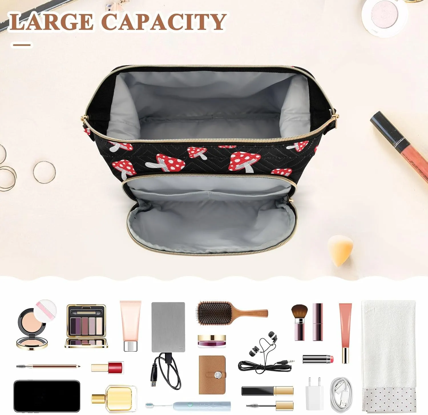Women Wave Quilt Cosmetic Bag, Storage Pouch Handbag Makeup Case Zipper Toiletry Purse Holder Organizer 10.2x5.9x6.7 in Seamless Forest Redon Black
