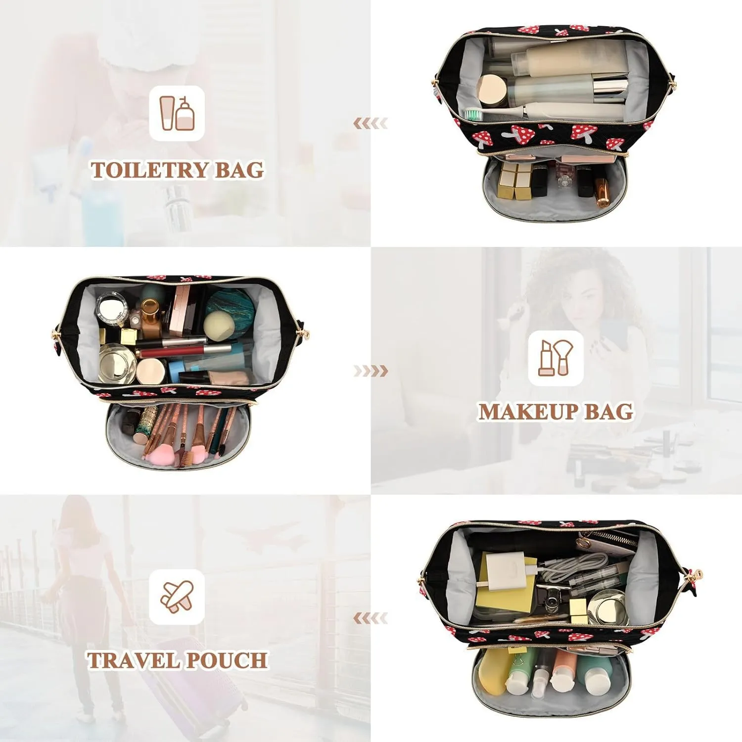 Women Wave Quilt Cosmetic Bag, Storage Pouch Handbag Makeup Case Zipper Toiletry Purse Holder Organizer 10.2x5.9x6.7 in Seamless Forest Redon Black