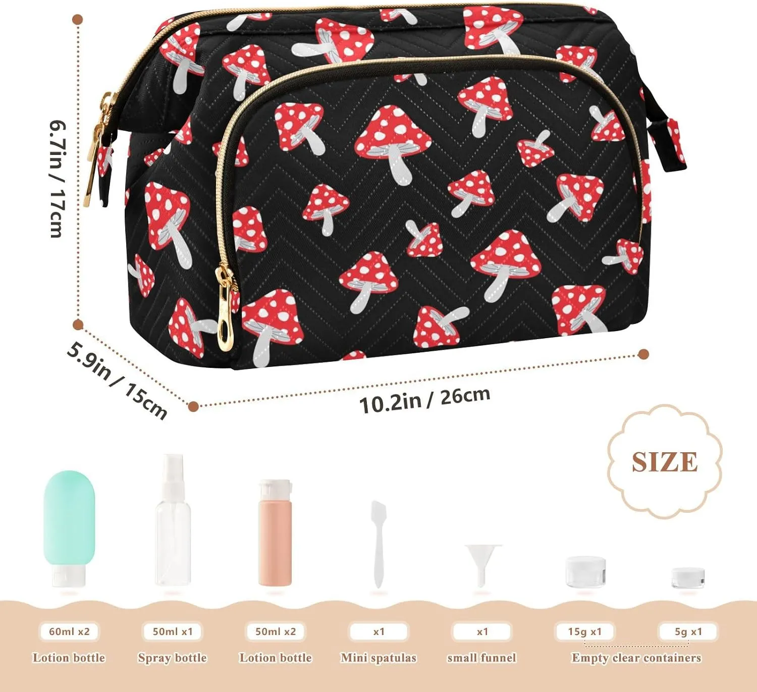 Women Wave Quilt Cosmetic Bag, Storage Pouch Handbag Makeup Case Zipper Toiletry Purse Holder Organizer 10.2x5.9x6.7 in Seamless Forest Redon Black