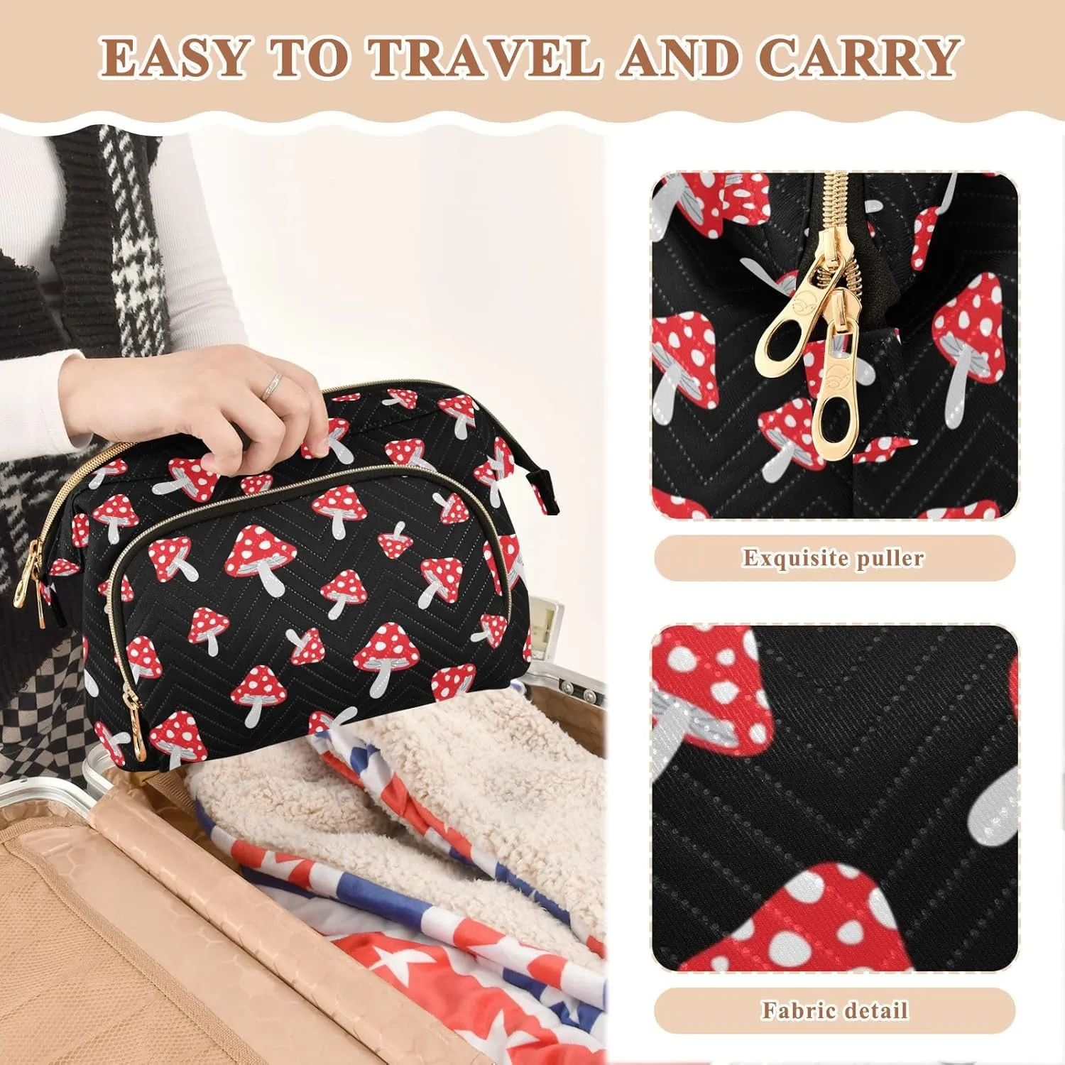 Women Wave Quilt Cosmetic Bag, Storage Pouch Handbag Makeup Case Zipper Toiletry Purse Holder Organizer 10.2x5.9x6.7 in Seamless Forest Redon Black