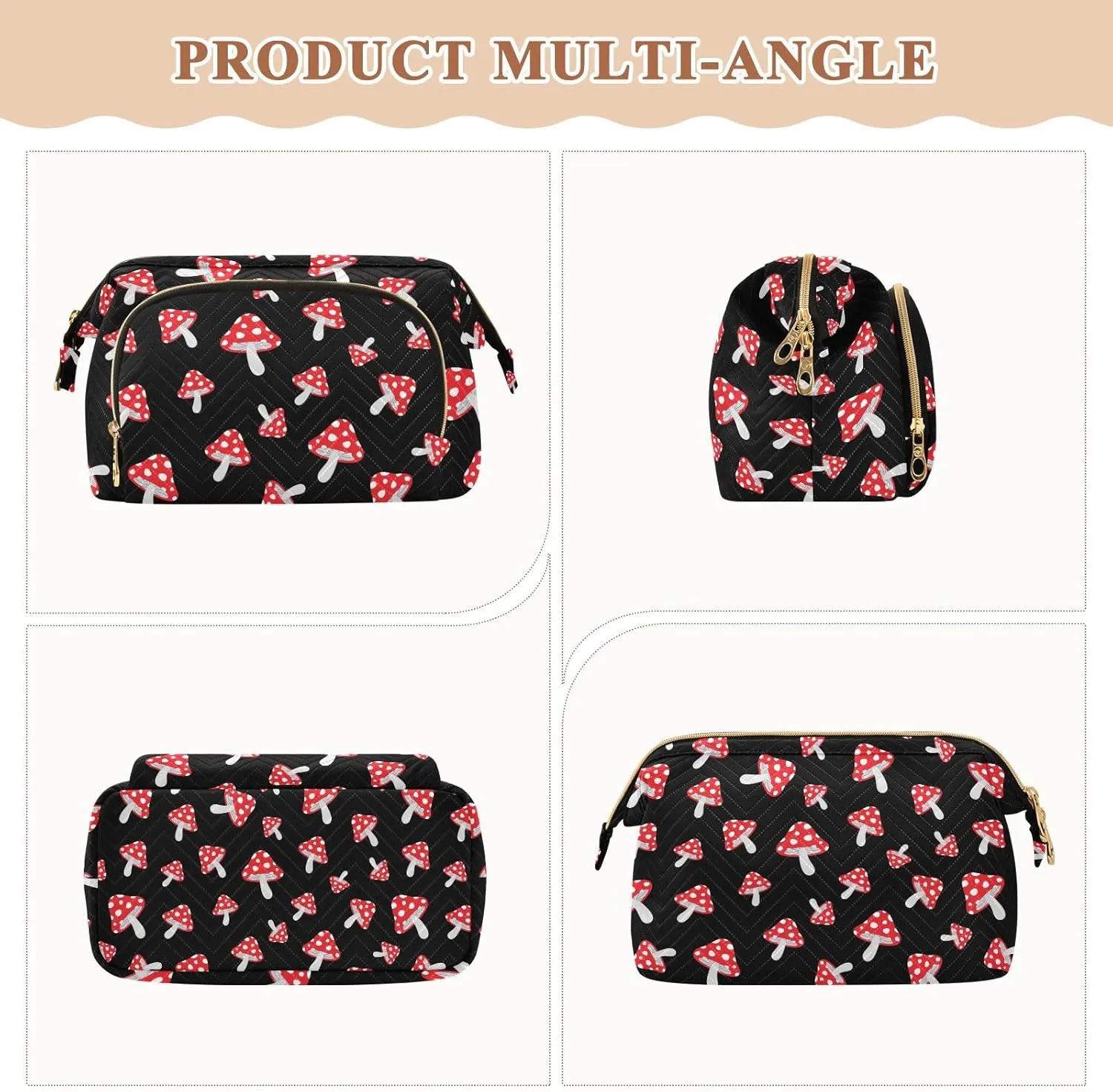 Women Wave Quilt Cosmetic Bag, Storage Pouch Handbag Makeup Case Zipper Toiletry Purse Holder Organizer 10.2x5.9x6.7 in Seamless Forest Redon Black
