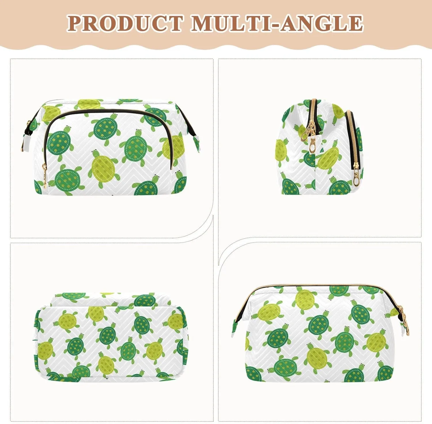 Women Wave Quilt Cosmetic Bag, Storage Pouch Handbag Makeup Case Zipper Toiletry Purse Holder Organizer 10.2x5.9x6.7 in Seamless Green Turtles on White