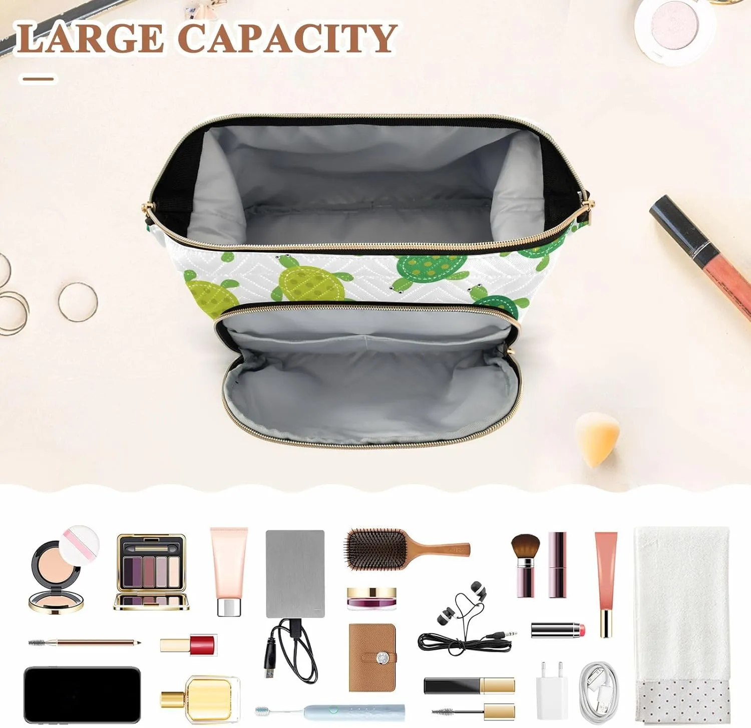 Women Wave Quilt Cosmetic Bag, Storage Pouch Handbag Makeup Case Zipper Toiletry Purse Holder Organizer 10.2x5.9x6.7 in Seamless Green Turtles on White