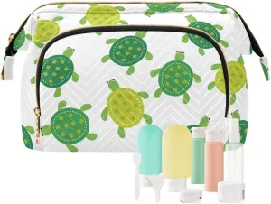 Women Wave Quilt Cosmetic Bag, Storage Pouch Handbag Makeup Case Zipper Toiletry Purse Holder Organizer 10.2x5.9x6.7 in Seamless Green Turtles on White