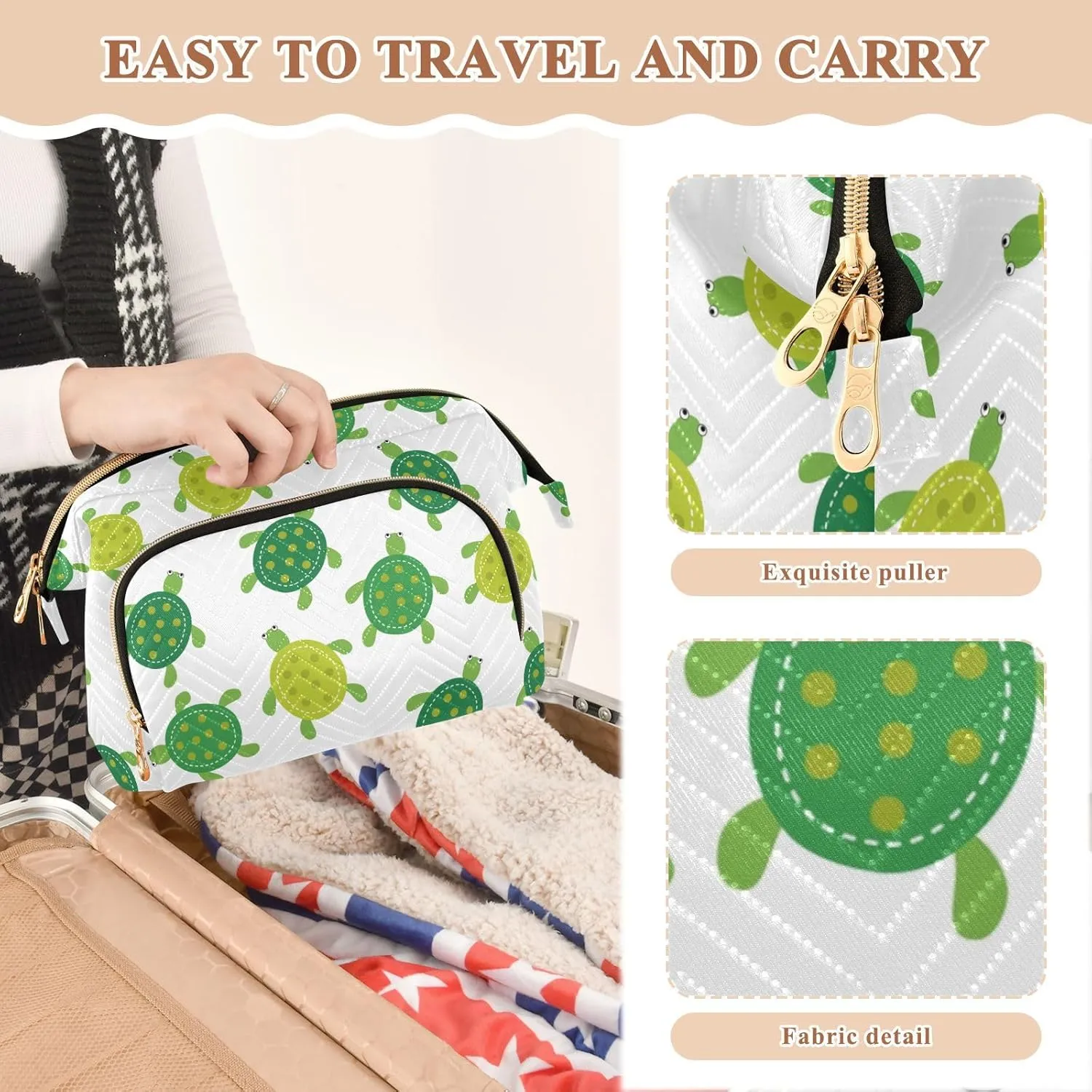 Women Wave Quilt Cosmetic Bag, Storage Pouch Handbag Makeup Case Zipper Toiletry Purse Holder Organizer 10.2x5.9x6.7 in Seamless Green Turtles on White