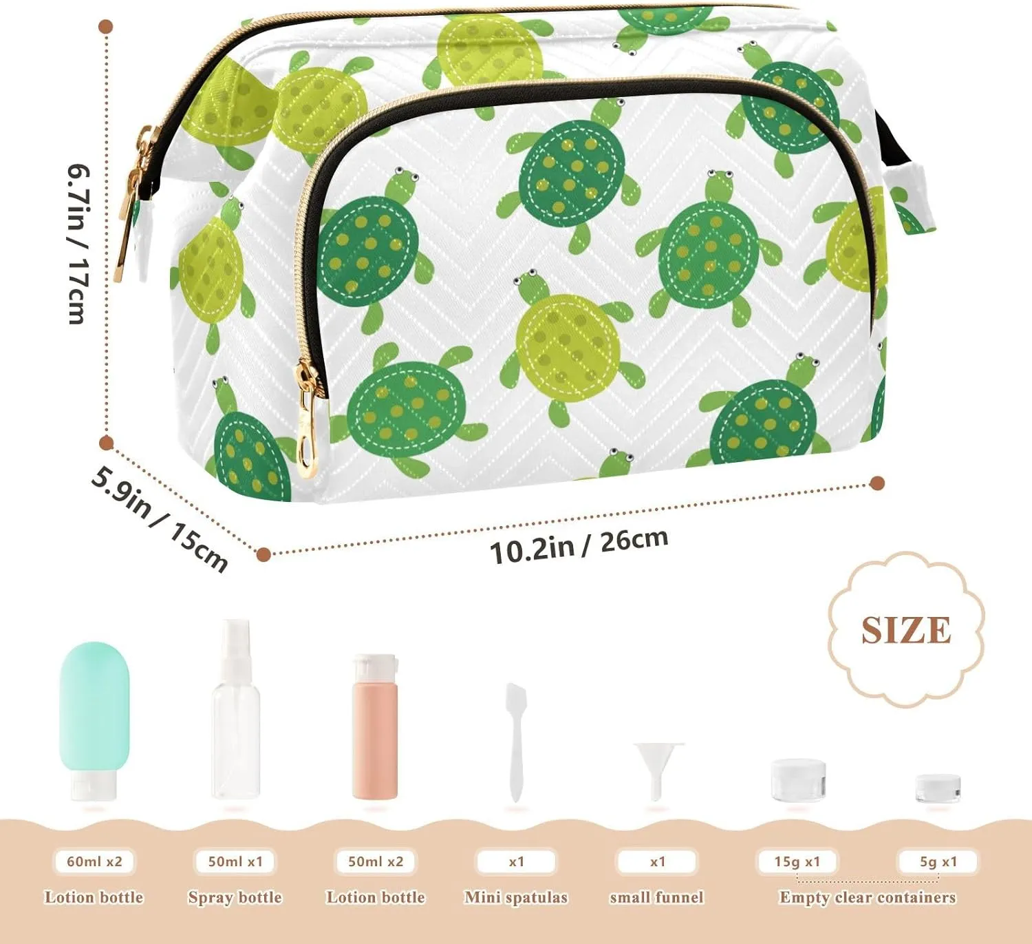 Women Wave Quilt Cosmetic Bag, Storage Pouch Handbag Makeup Case Zipper Toiletry Purse Holder Organizer 10.2x5.9x6.7 in Seamless Green Turtles on White
