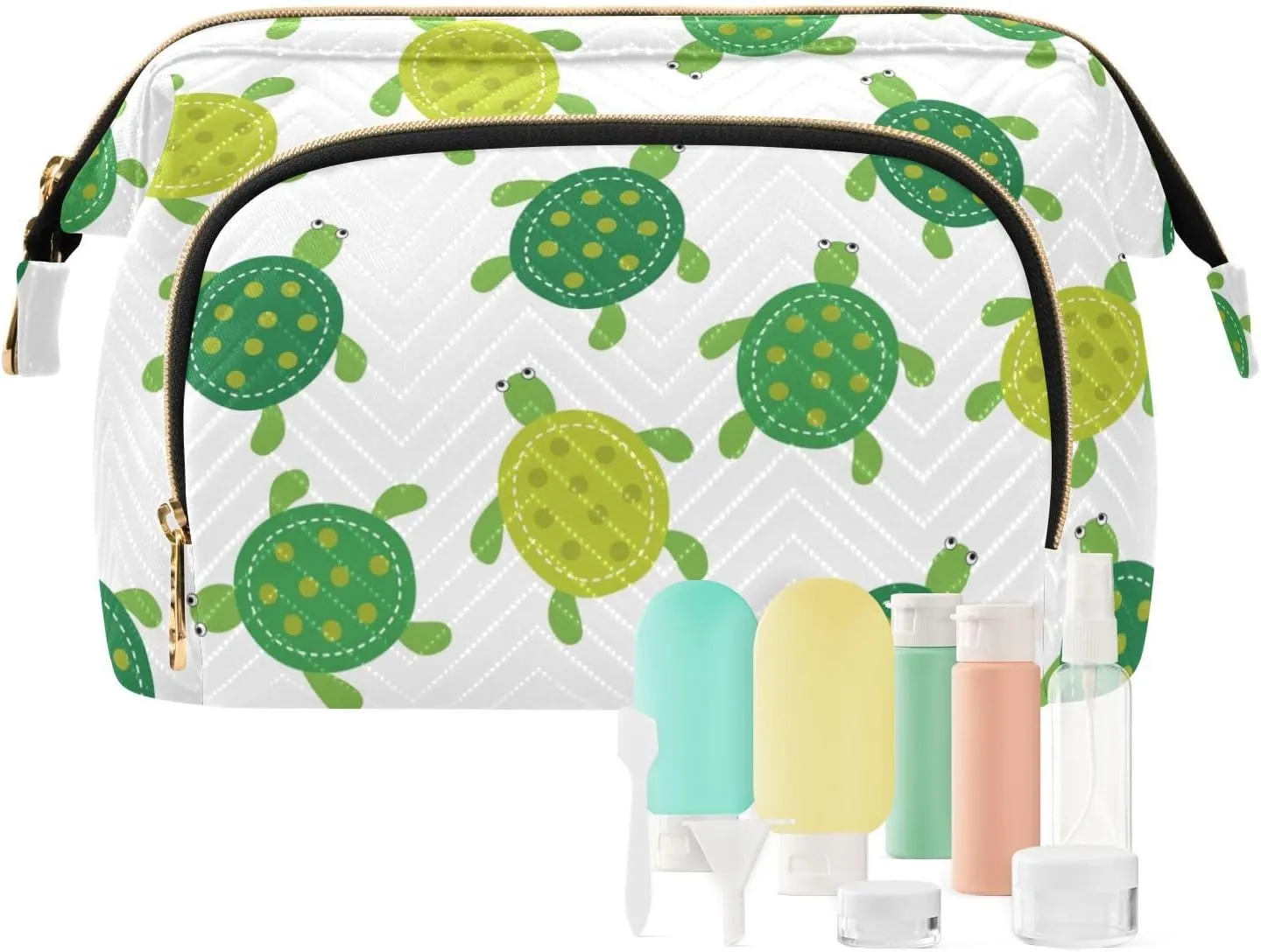 Women Wave Quilt Cosmetic Bag, Storage Pouch Handbag Makeup Case Zipper Toiletry Purse Holder Organizer 10.2x5.9x6.7 in Seamless Green Turtles on White