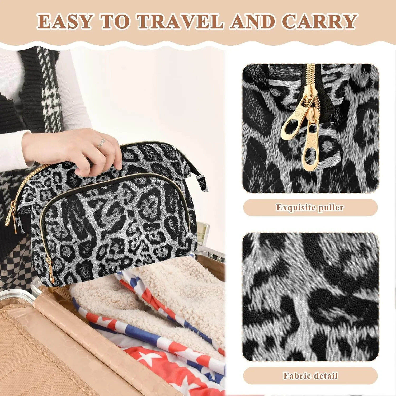 Women Wave Quilt Cosmetic Bag, Storage Pouch Handbag Makeup Case Zipper Toiletry Purse Holder Organizer 10.2x5.9x6.7 in seamless Leopard Skin Giraffe Skin Animal Texture