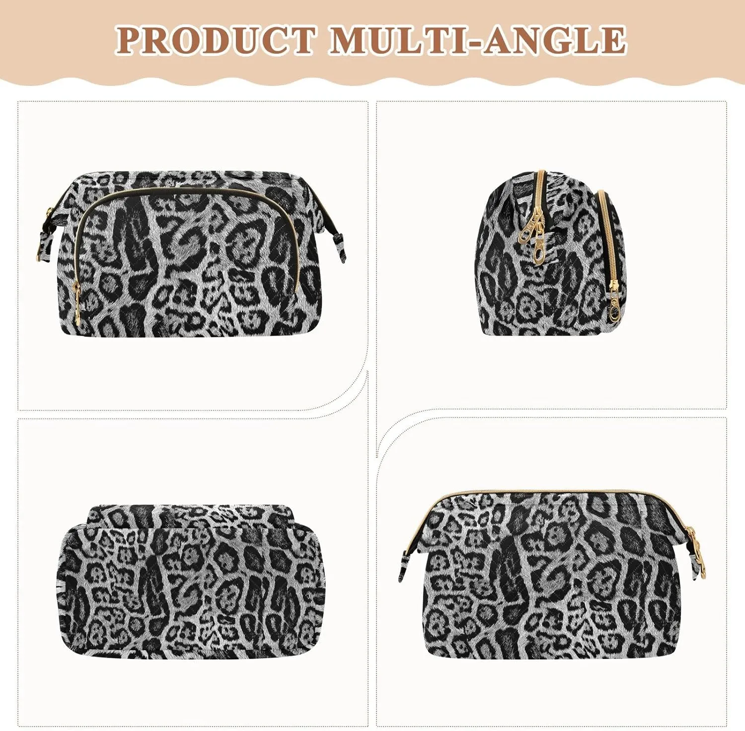 Women Wave Quilt Cosmetic Bag, Storage Pouch Handbag Makeup Case Zipper Toiletry Purse Holder Organizer 10.2x5.9x6.7 in seamless Leopard Skin Giraffe Skin Animal Texture