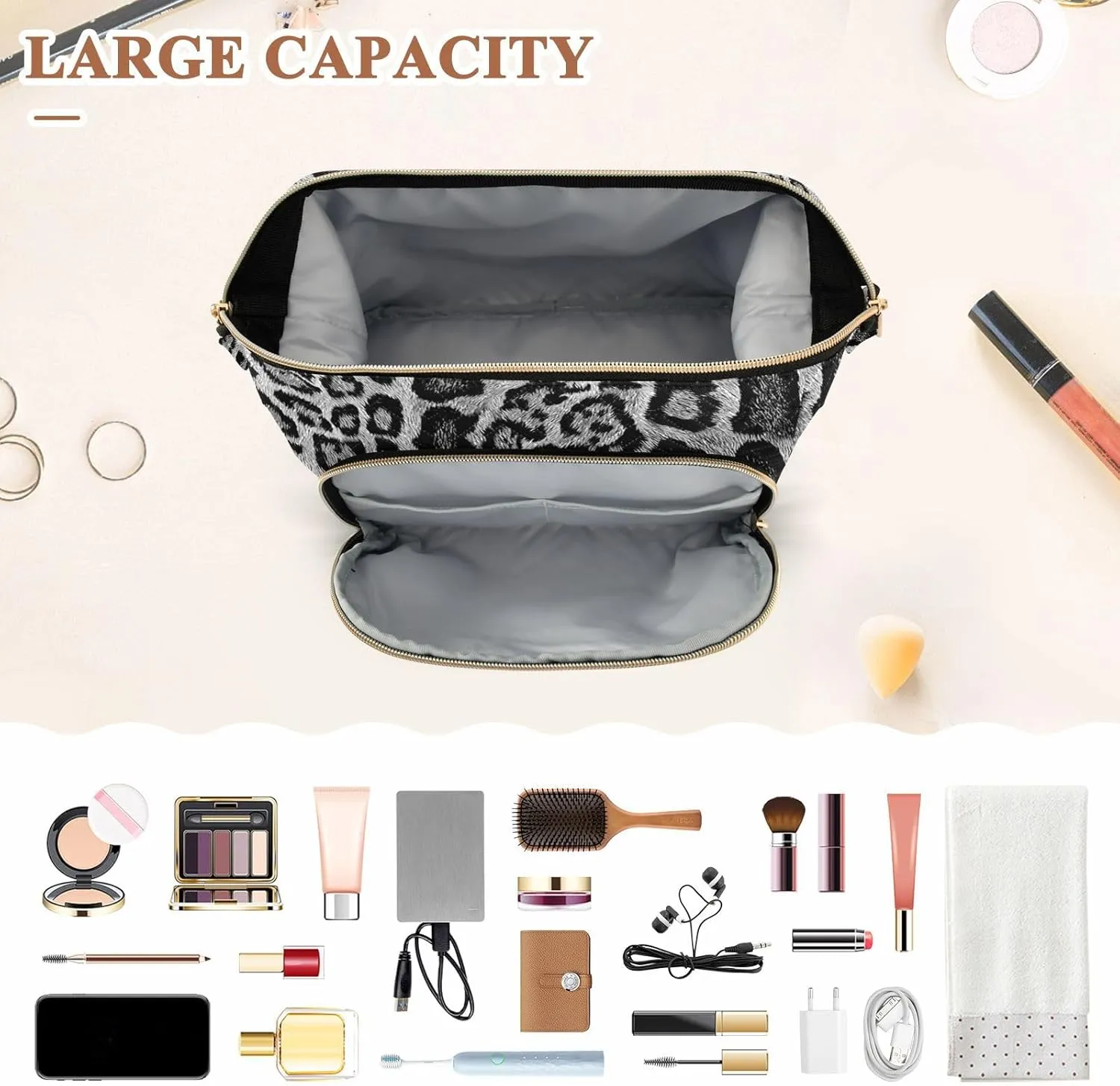 Women Wave Quilt Cosmetic Bag, Storage Pouch Handbag Makeup Case Zipper Toiletry Purse Holder Organizer 10.2x5.9x6.7 in seamless Leopard Skin Giraffe Skin Animal Texture