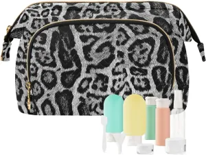 Women Wave Quilt Cosmetic Bag, Storage Pouch Handbag Makeup Case Zipper Toiletry Purse Holder Organizer 10.2x5.9x6.7 in seamless Leopard Skin Giraffe Skin Animal Texture