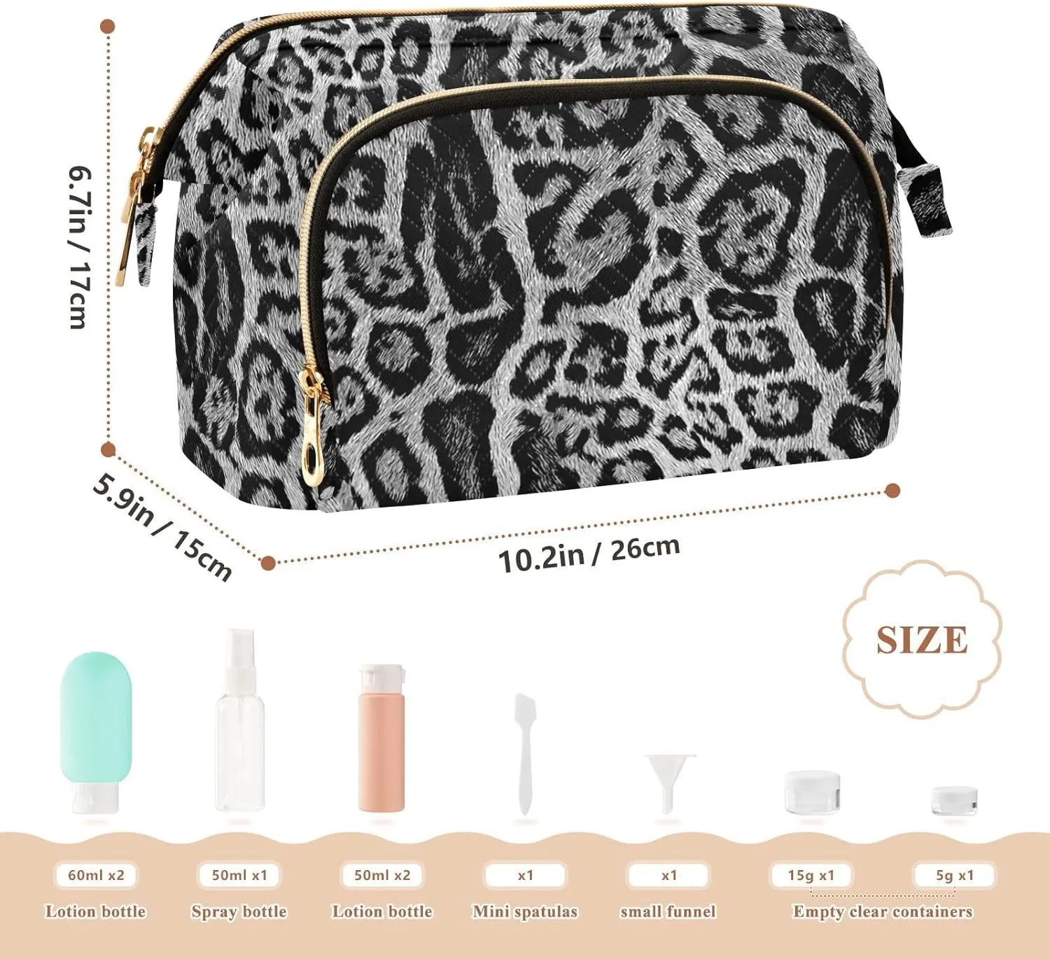 Women Wave Quilt Cosmetic Bag, Storage Pouch Handbag Makeup Case Zipper Toiletry Purse Holder Organizer 10.2x5.9x6.7 in seamless Leopard Skin Giraffe Skin Animal Texture