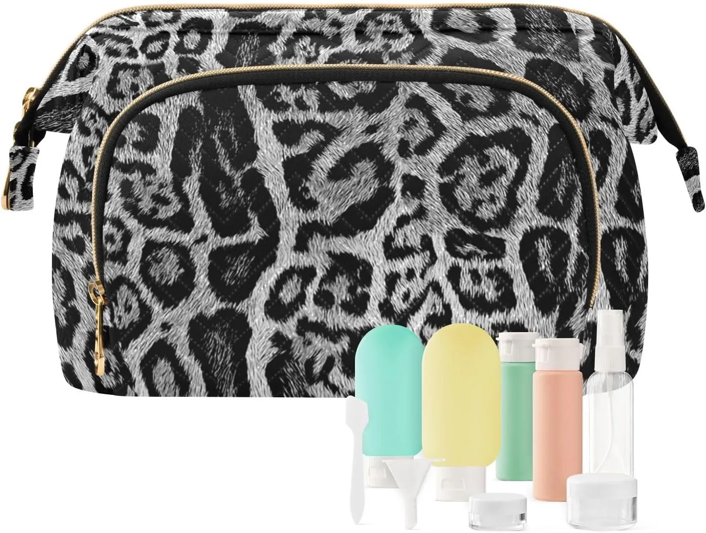 Women Wave Quilt Cosmetic Bag, Storage Pouch Handbag Makeup Case Zipper Toiletry Purse Holder Organizer 10.2x5.9x6.7 in seamless Leopard Skin Giraffe Skin Animal Texture