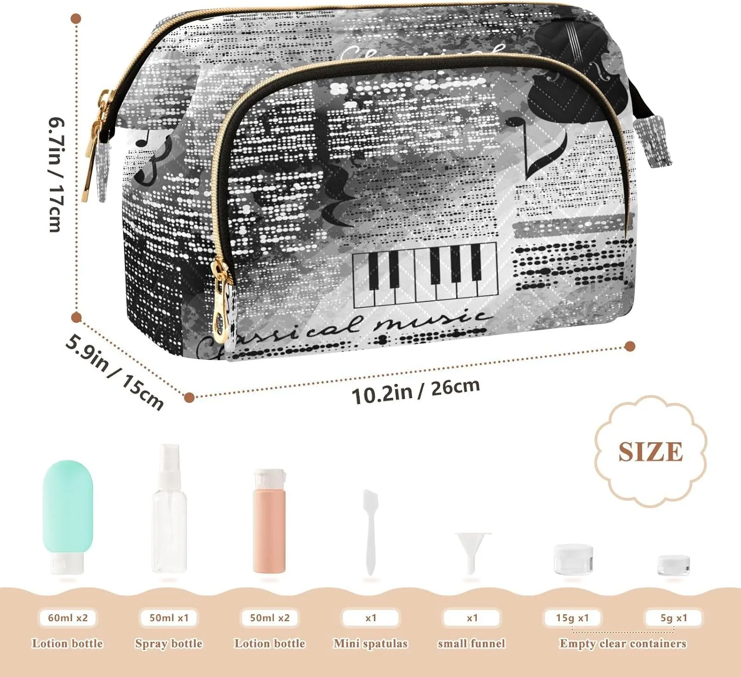 Women Wave Quilt Cosmetic Bag, Storage Pouch Handbag Makeup Case Zipper Toiletry Purse Holder Organizer 10.2x5.9x6.7 in Treble Clef and Music Notes on Blurred Background Style