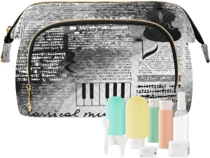 Women Wave Quilt Cosmetic Bag, Storage Pouch Handbag Makeup Case Zipper Toiletry Purse Holder Organizer 10.2x5.9x6.7 in Treble Clef and Music Notes on Blurred Background Style