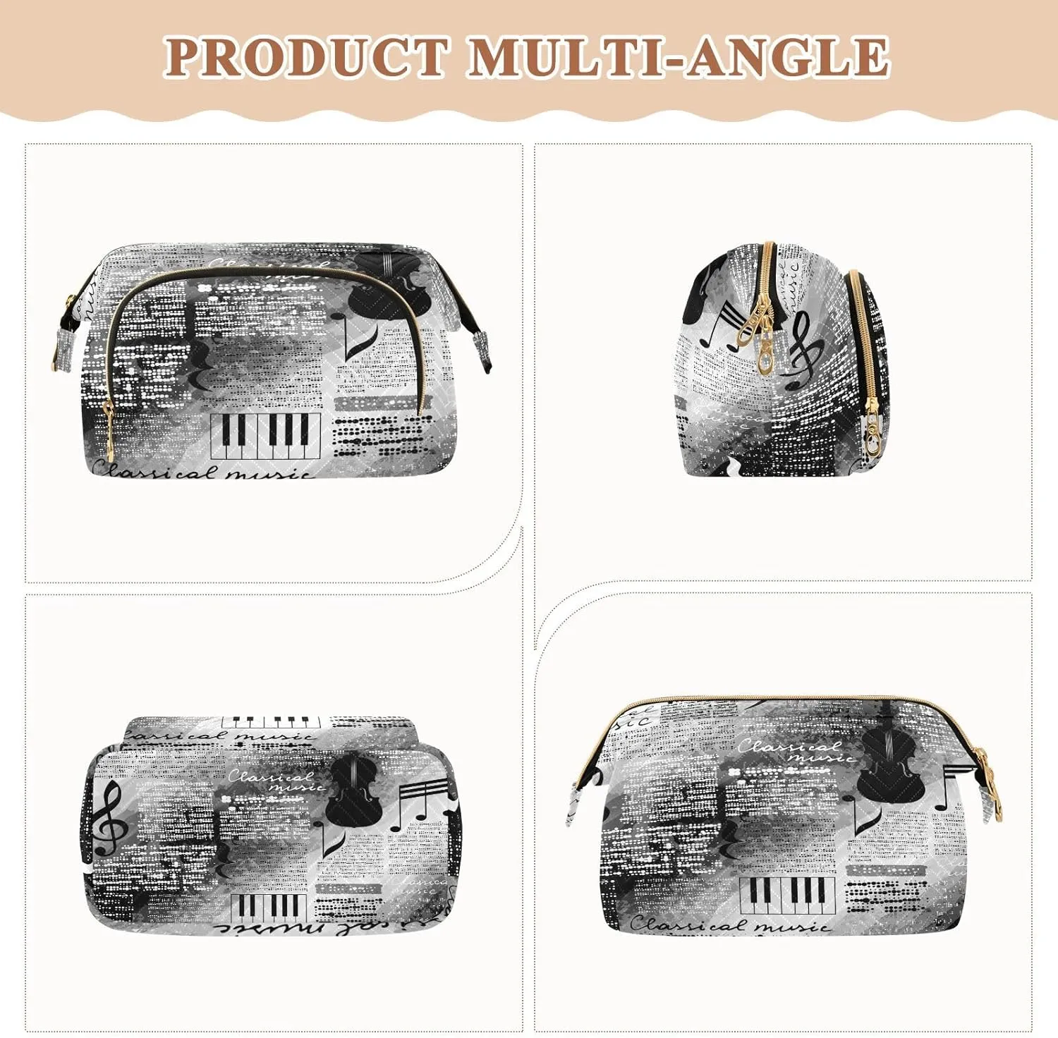 Women Wave Quilt Cosmetic Bag, Storage Pouch Handbag Makeup Case Zipper Toiletry Purse Holder Organizer 10.2x5.9x6.7 in Treble Clef and Music Notes on Blurred Background Style