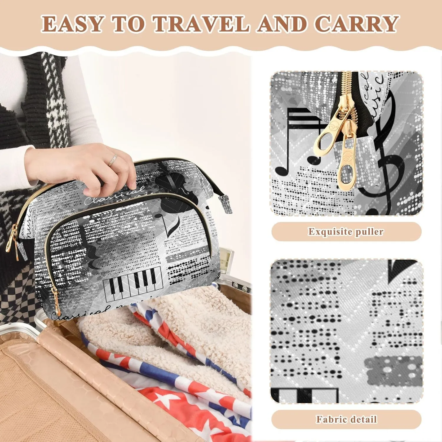 Women Wave Quilt Cosmetic Bag, Storage Pouch Handbag Makeup Case Zipper Toiletry Purse Holder Organizer 10.2x5.9x6.7 in Treble Clef and Music Notes on Blurred Background Style